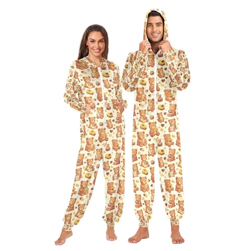 Wudan Pijama de una sola pieza para adultos con capucha, pijama de maternidad con diseño de oso de dibujos animados y miel de chocolate, Oso de dibujos animados con miel de chocolate, XXL