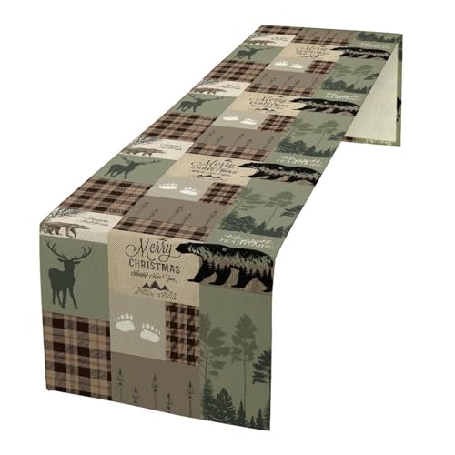 Image of Rustic Country Bear Table Runner,Patchwork Cabin Wild Animals Hunting Table Cloth for Home Kitchen Dining Table Decoration Party 13x36 in