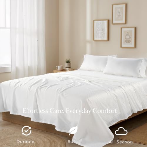 Image of Threadmill 300 Thread Count Cotton King Sheet Set, Sateen, Damask, White | 100% Cotton, Sateen Weave, Damask Pattern, 4-Piece Set, 16 inch Deep Pocket, Fade-Resistant, Breathable, All-Season, Lightweight