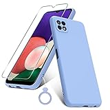 PULEN Funda para Samsung Galaxy A22 5G con 1 Cristal Templado Protector de Pantalla & 1 Silicona Dedo Anillo, Silicona Carcasa, Anti-Choques, Anti- Arañazos,Slim Delgada,Tacto Suave - Púrpura