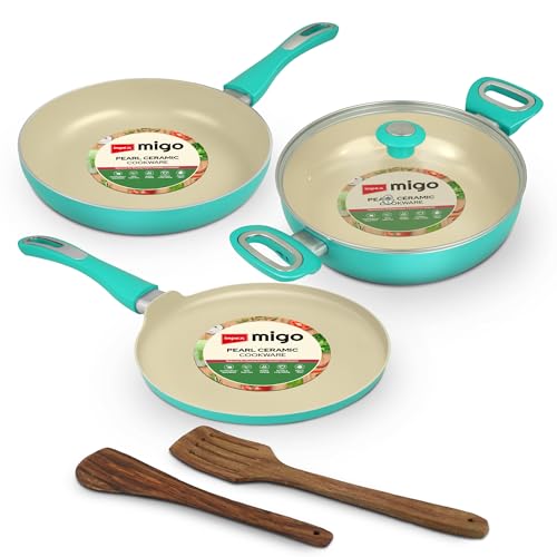 Image of Impex Ceramic Cookware Set | 6 Pc Induction Base Non Stick Kadai Pan with Lid, Fry Pan, Tawa Pan and 2 Spatulas | Free from PTFE, PFOA and Heavy Metals| 100% Non Toxic | 2 Year Warranty