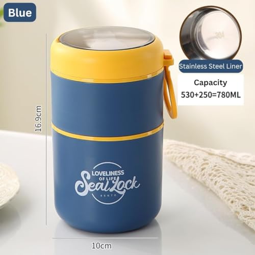 Image of Stainless Steel Insulated Lunch Pot 780ML - Blue | Double Layer Leak Proof Thermal Lunch Box with Cutlery Storage | BPA Free Food Container for Office, School & Travel