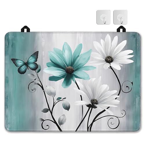 Blue Daisy Flower Glass Top Stove Cover Protector,Rustic Butterfly Floral Heat Resistant Stove Top Cover, Large Size Range Covers for Electric Stove Countertop Mat, 28 x 20 Inch