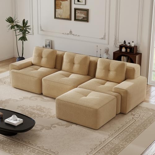 Image of 117 inch L-Shaped 3-Seater Modular Boneless Couch with Ottoman, Soft Corduroy Cloud sectional Sofa, Deep Seat Ergonomic Design, No Assembly Anti-Slip Sofa for Living Room, Camel