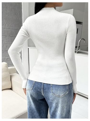 Image of RoseSeek Women's Color Block Mock Neck Sweaters Ribbed Knit Long Sleeve Slim Fit Pullover Tops White Small