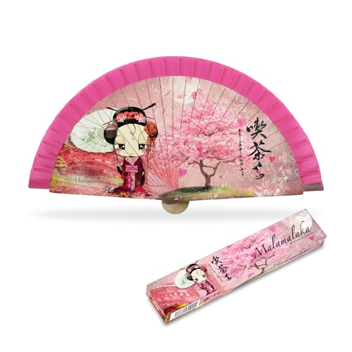 CUATROGOTAS MALAMALAKA | Abanico De Madera Natural | 23 cm | Plegable Original | para Boda | Abanico Ideal para Eventos | Elegantes Y Prácticos | Detalle Caja De Cartón | Geisha Borde Rosa