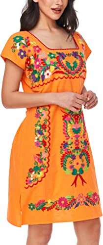 Image of YZXDORWJ Women Mexican Embroidered Dress Ruffle Collar Sleeveless