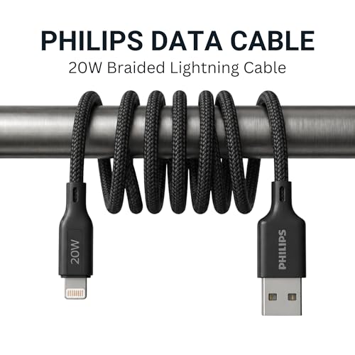 Image of PHILIPS DLC4150VB /94 20W iPhone Original Type-A to Lightning Fast Charging Cable (1.5m, Dark Slate) | MFi Certified | 480Mbps | Nylon Braided | Compatible with iPhone & Other Lightning Devices