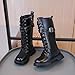 Girls Combat Boots:Fashion Lace Out Side Zipper Outdoor Booties 2025 Long Leather Shoes Hiking Party Dress Footwear（Size11,Black
