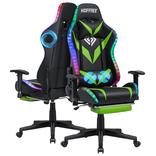 HOFFREE Gaming Chair with Bluetooth Speakers and Led Lights Massage Video Game Chair with Footrest Reclining High Back Computer Gamer Chair Green and Black