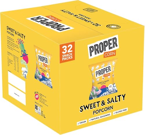 PROPER Sweet & Salty Popcorn hand-popped vegetarian gluten-free 65 kcal per 14g pack box of 32.