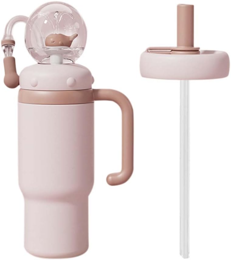 Whale Fountain Tumbler, 24oz Drinking Cup with Handle, No Spill Cute Water Bottle with Straw and Lid, Cute Whale Fountain Tumbler (Sand Color)