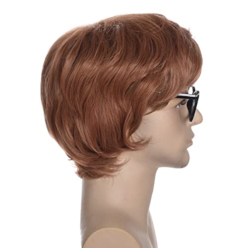 Short Mens Brown Wig Short Curly Mens 60s and 70s Cosplay Halloween Costume Shaggy Male Wig and Glasses(Bronze)