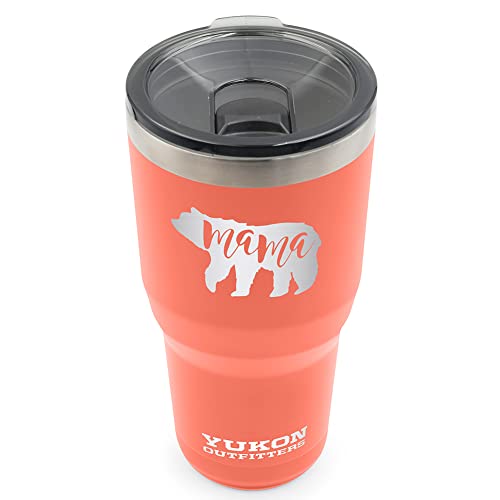 Yukon Outfitters Freedom High Grade 18/8 Stainless Steel Double Wall Vacuum Insulated Tumbler (30oz / 890ml) - 7.85" H x 3.9" Top Dia. / 2.9" Bottom dia., Coral with 'Mama Bear' engraving