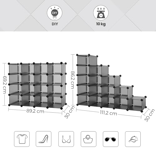 SONGMICS 16-Cube Storage Unit, Shoe Rack, DIY Shelving System, Stackable Cubes, PP Plastic Shelf, Wardrobe, Closet Divider, for Bedroom, Office, 30 x 111.2 x 86.2 cm, Grey LPC44G