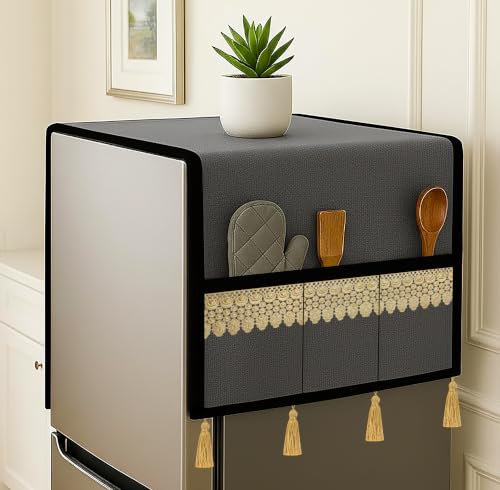 Image of Refrigerator Single Door Waterproof, Dustproof, Tassel Lace Refrigerator Top Cover, Protective Cover for Fridges with Extra Storage Space Nylon Top cover with 6 Storage Pockets ( Grey, 130 x 54 cm )