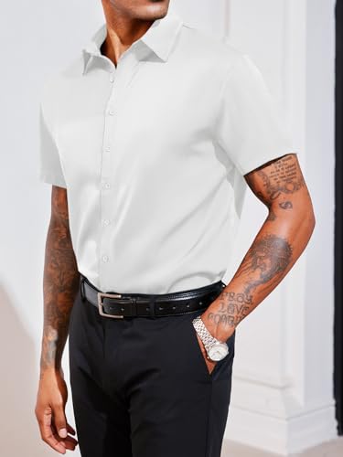 Runcati Mens Luxury Satin Silk Dress Shirts Casual Button Down Short Sleeve Prom Party Wedding Shirt2