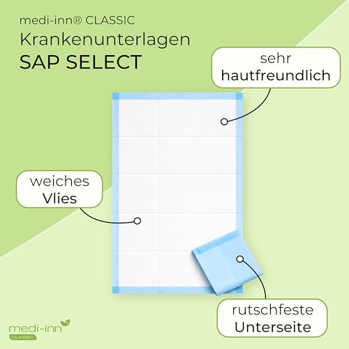 Medi-Inn Krankenunterlagen SAP Select 60x90 cm, 25x saugstarke Einweg Bettschutzunterlagen, Inkontinenzunterlagen, Wickelunterlage für Babys, flüssigkeitsdicht & rutschhemmend, blau