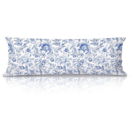 XUNLURY Chinoiserie Blue and White 20x54 Body Pillow Cover, Chinoiserie Decor, Vintage Blue and White Floral Grandmillennial Decorative Long Pillow Cases for Bed Couch