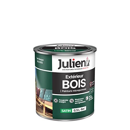 Julien Peinture Bois Microporeux Extérieur Satin - Portes, fenêtres, portails, mobilier de jardin - Vert Basque 0,5 L