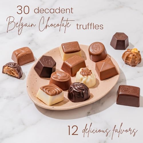 Image of Chocolate Gift Basket- Mothers Day Candy Gift Box with Assorted Milk, Dark & White Chocolate Truffles - Food Present Idea for Mom, Her, Women, Corporate, Get Well, Sympathy, Birthday- Bonnie & Pop