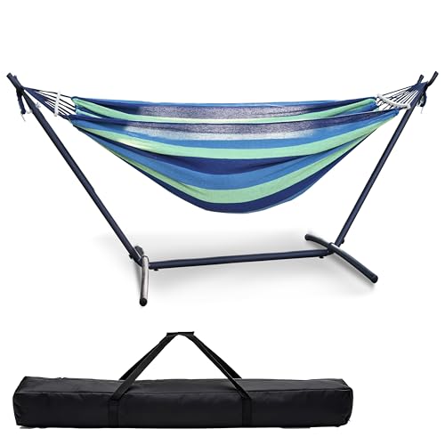CHICAURA Double Hammock with Freestanding Steel Stand, Portable & Easy Setup, 550lb Capacity Heavy Duty for Patio, Garden,Backyard, Camping, Indoor & Outdoor - Includes Carry Bag (Blue Stripe) by CHICAURA - Used condition - US$66.60