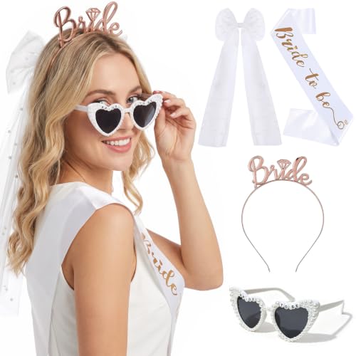 4 Pcs Bride to Be Accessoires Femmes, Accessoires de Décoration pour Enterrement de Vie de Jeune Fille, Écharpe Evjf + Lunette Coeur Evjf + Voile Future Mariée + Bandeau Bride, pour Mariage Fête