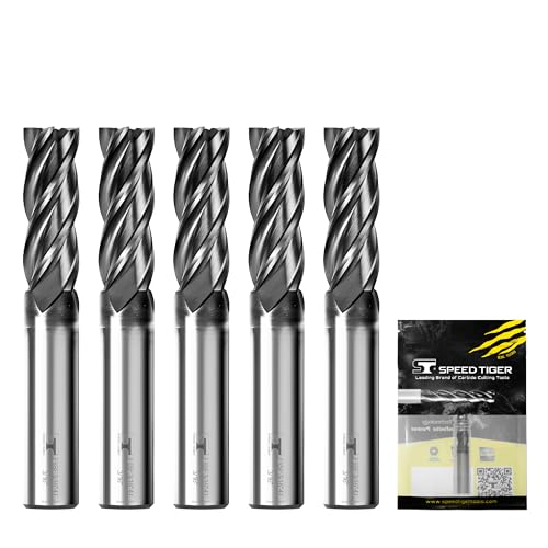 SPEED TIGER EISE 3/16" Carbide Square End Mill - 4 Flutes Milling Bits Set for Alloy Steels, Hardened Steels, Aluminum, Copper, Cast Iron, HRC 50 Deg AlTiN Coating, CNC Router Bits (5pcs)