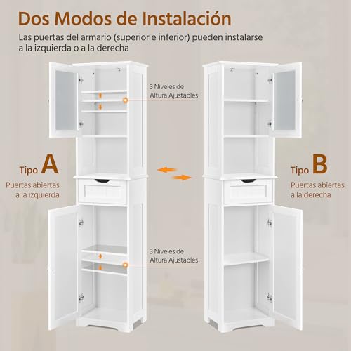 Miniatura 4 de Yaheetech Armario Baño Mueble Auxiliar De Baño Armario De Cocina Con Puerta De Cristal Estrecho 40x30x170 Cm Blanco