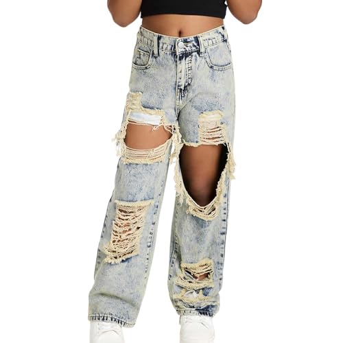 Girl's Distressed Jeans Elastic High Waist Wide Straight Leg Y2k Ripped Baggy Denim Pants Summer Trousers Streetwear 6-13T