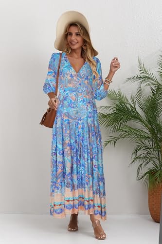 Image of Women Short Sleeve V Neck Floral Print Casual Bohemian Maxi Dresses