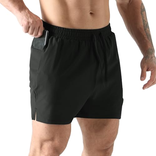 Image of Jupmov Men's Gym Running Shorts with Zipper Pocket 5 Inch Lightweight Stretch Athletic Workout Shorts(Black,L)