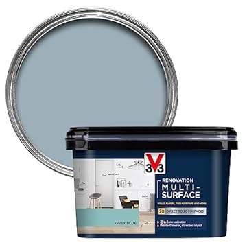 V33 Renovation Multi-Surface Paint - No Undercoat Needed - Over 20 Surfaces - Resistance To Water Stains & Impact - High Coverage - Grey Blue Satin 2 Litres