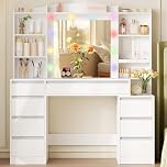 Hzuaneri Dressing Table with 8 Drawers, Vanity Desk with Large Mirror and Colorful Lights, Adjustable Brightness, Makeup Desk with Jewelry Storage, 120 cm Tabletop with Bedside Table, White