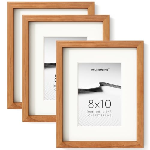 Image of 8x10 Picture Frame Set of 3, USA-Sourced Natural Cherry Wood Photo Collage Frame with HD Tempered Glass, Modern Simple 8 x 10 Wooden Frame Matted to 5x7 Gallery Frames for Art Wall or Tabletop Display