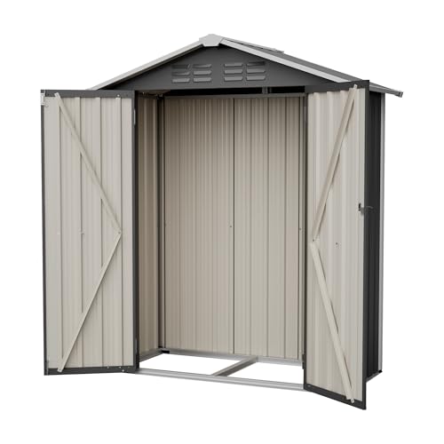 FammyLoft Gartenhaus Metall, 154 x 83 x 180cm, Garten Geräteschuppen Metall, Gerätehaus mit Belüfteter & Abschließbarer, Gartenschrank Wasserdicht für Outdoor, Inkl Metallfundament (Ohne Boden), Grau