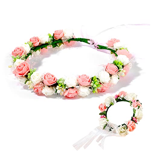 Niaciswe Couronne de Fleurs et Bracelet Wedding Floral Guirlande Couronne Fleurs Cheveux Bandeaux Couronne Florale Artificielle Diademe Mariage Réglable pour Mariage Fête Plage, Rose