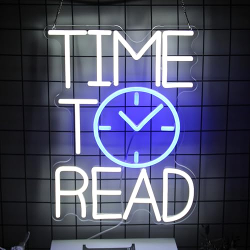 Image of Time To Read Neon Sign Read Books Neon Lights for Bedroom Bookstore Decor | White Letter LED Signs, Blue Clock Neon Read Light Up Sign, Dimmable Acrylic Wall Art, USB Powered, Reading Corner Decor