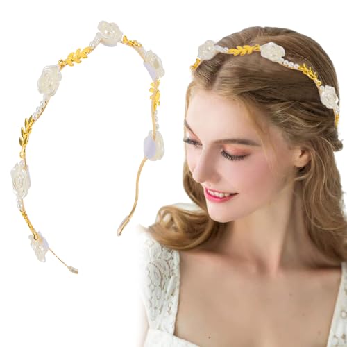 AHONEY Flower Girl Headpiece Floral Pearl Headband for Brides, Elegant Boho Wedding Hair Accessory Fairy Crown for Women and Girls-White