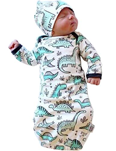 Image of DPSKY Unisex Baby Wearable Blanket with Hat Cap Cotton Sleeping Bag | 2 Pcs Long Sleeve Baby Nightgowns (Dinosaur, 0-6M)
