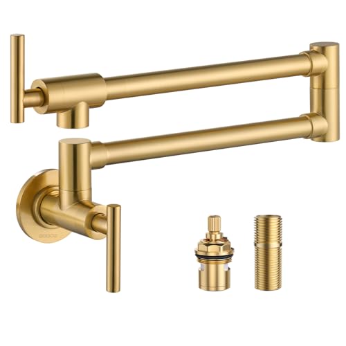 Brushed Gold Pot Filler Faucet - WOWOW 304 Stainless Steel Pot Filler Over Stove Wall Mounted Kitchen Folding Faucet with Double Joint Swing Arms