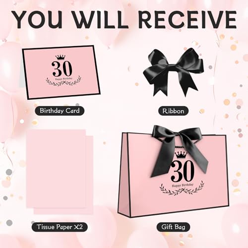 Image of JMANNI 30th Birthday Gift Bag, Pink with Black Satin Bow & Crown Design, Medium Happy 30th Birthday Present Bag for Party Favors, Size 12.60 inchx8.66 inchx4.33 inch