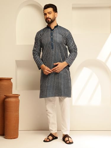 Image of SOJANYA (Since 1958 Men's Silk Blend Long Kurta with Subtle White Detailing | Traditional Ethnic Wear for Navratri