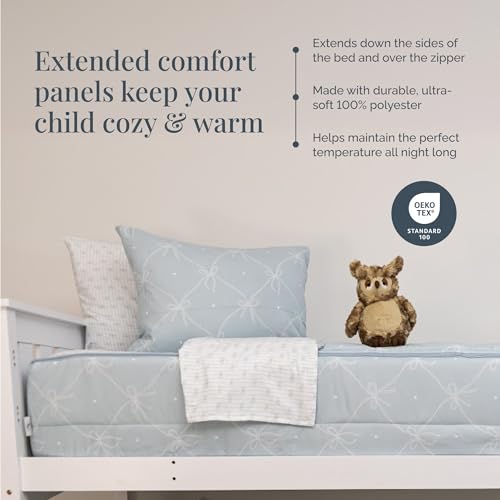 Image of Beddy's Ribbon & Bow Theme Durable Zipper Bedding for Kids - Bed in a Bag - White Striped Sheets with Baby Blue Comforter - Includes 2 Pillowcases & 2 Shams - Full
