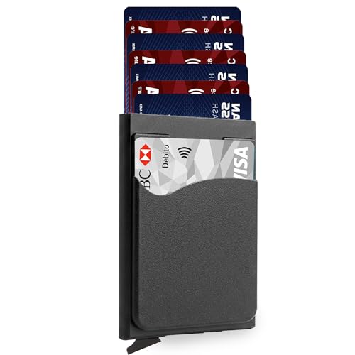 Image of Mini2buy Unisex Minimalist Aluminium Pocket Slot Upto 5-9 Cards for Credit | Debit | ATM | Business Visiting RFID Blocking (Mechanical Automatic Quick Access Button) Corporate Gift (Popup Black)