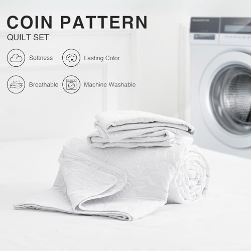 Love's cabin King Size Quilt Set White Bedspreads - Soft Bed Summer Lightweight Bedspread Comforter - Modern Style Coin Pattern Coverlet for All Season - 3 Pieces (1 Quilt, 2 Pillow Shams)
