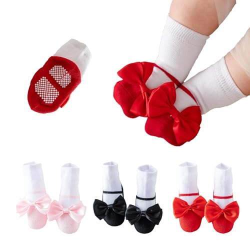 Yeshsore Baby Girls Socks with Grips and Bow, Toddler Non-Slip Cotton Floor Ankle Socks for Infant Toddlers and Kids 3 Pairs