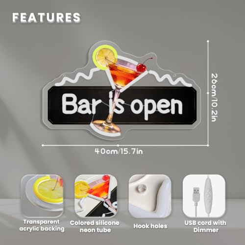 Image of Bar Open Neon Sign for Wall Decor Dimmable Bar is Open Neon Light for Bar Pub Club Bistro Man Cave USB Powered Light Up Business Store Sign