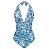 Estuaferng Women's Blue Glitter Print Halter One Piece Swimsuit, Tummy Control Bathing Suit, Fashion Polyester Swimwear
