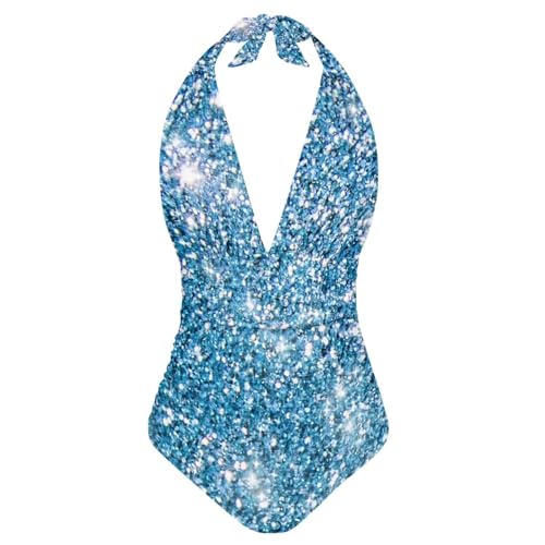 Estuaferng Women's Blue Glitter Print Halter One Piece Swimsuit, Tummy Control Bathing Suit, Fashion Polyester Swimwear